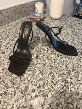 Fashion Nova Black Strappy Sandals with Clear Block Heel
